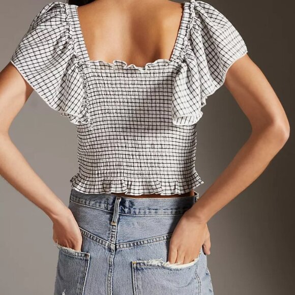 Maeve Crinkle Gingham Smocked Top Black and White Ruffled Blouse Size XS - Picture 3 of 8